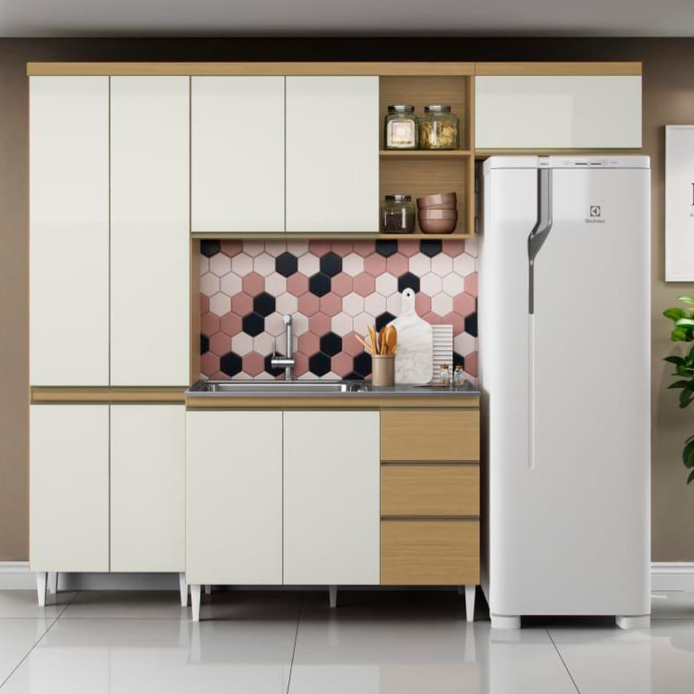 Kit Cozinha Completa com 3 Peças Paneleiro/armário/balcão sem Pia Atacama Off White Sophia Aramóveis