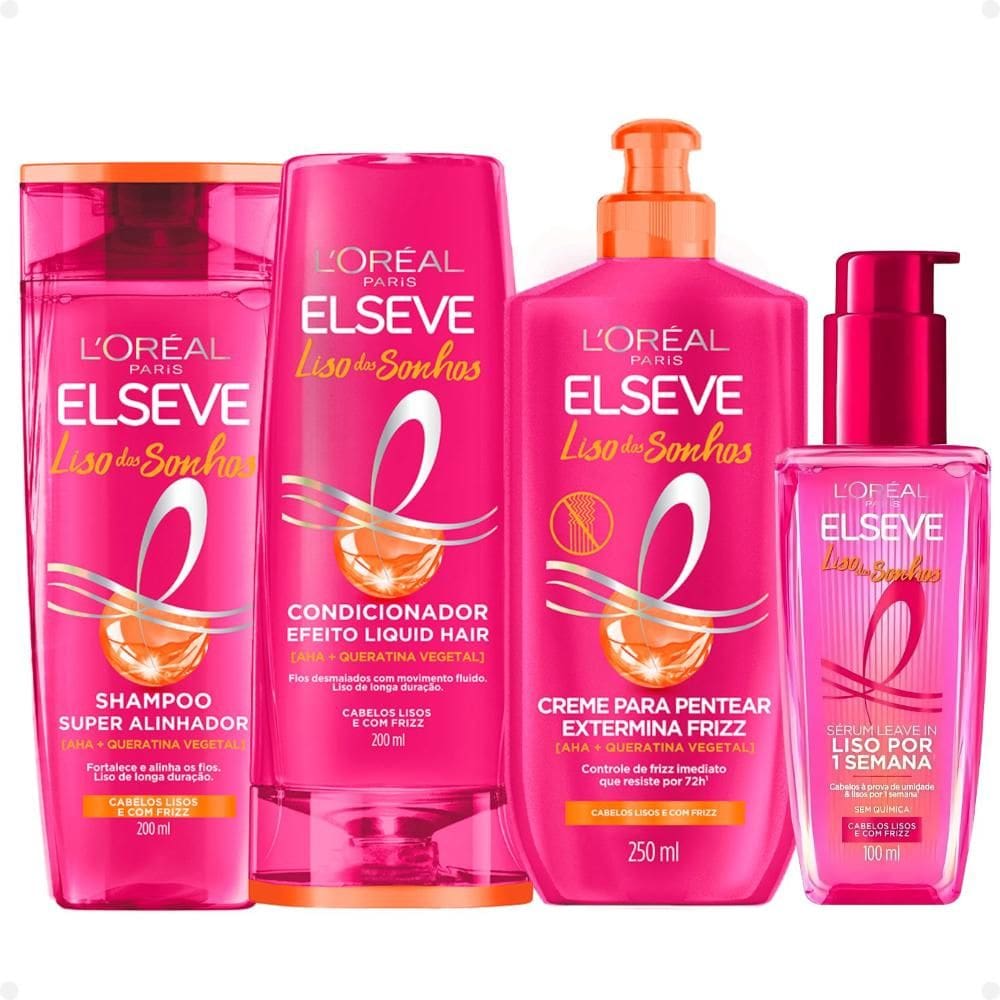 Kit Elseve Liso Dos Sonhos: Shampoo, Condicionador 200ml, Creme para Pentear e Sérum Leave-In