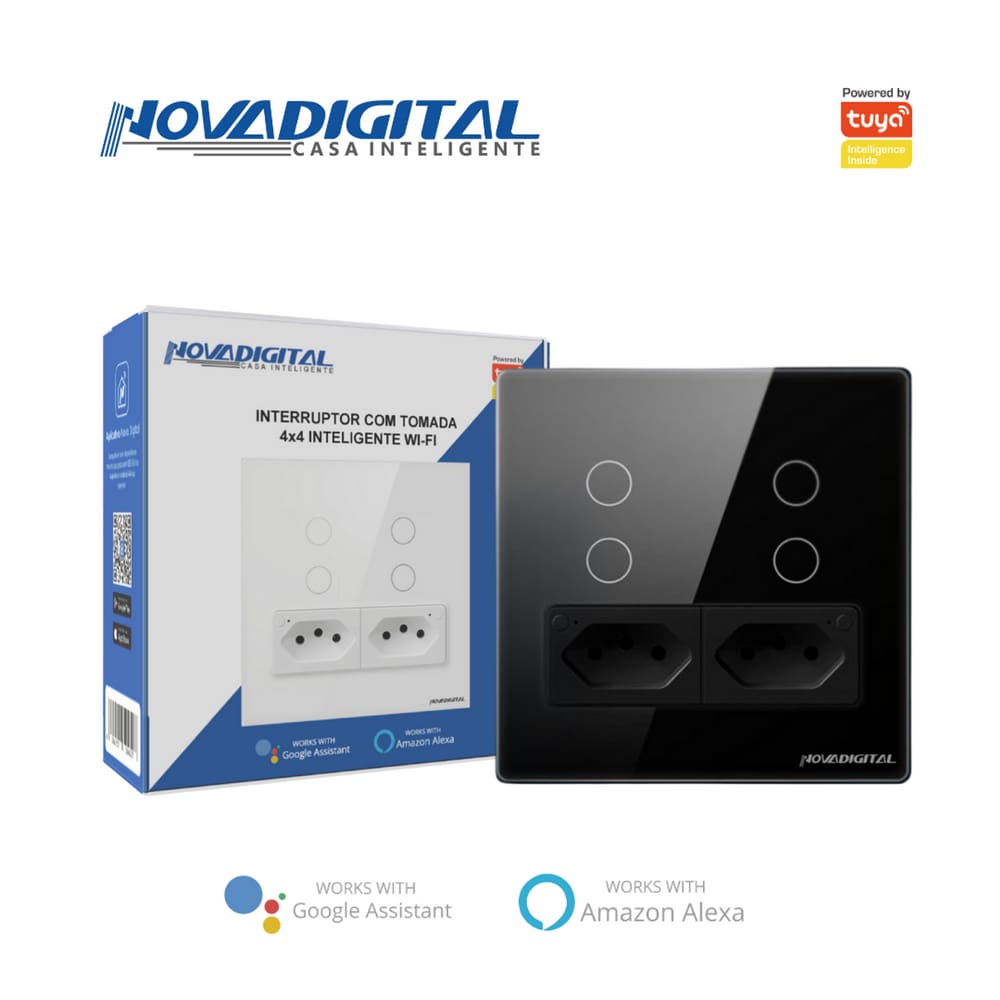 Interruptor Inteligente 4 Botões Touch 2 Tomada wi-fi 4x4 (Preto)
