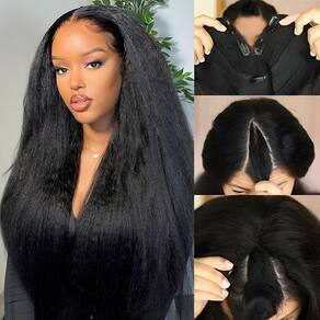 Peruca podafu Kinky Straight V Part 60 cm Cabelo humano 180% de densidade