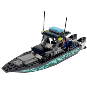 Conjunto de blocos de construção: barco da guarda costeira da cidade de Podafu com helicóptero