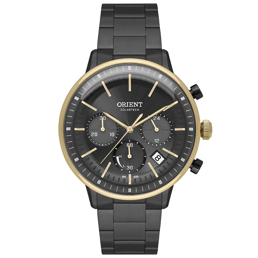 Relógio ORIENT solar cronógrafo preto prata MTSSC047 G1PX