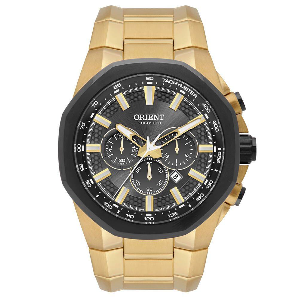 Relógio ORIENT solar cronógrafo dourado preto MGSSC058 G1KX