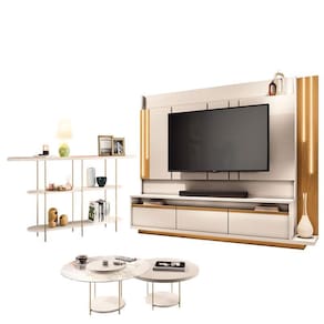 Estante Home Theater Montane Off White Cinamomo e Aparador Infinity e Kit Mesa de Centro Sky Off White - HB Móveis