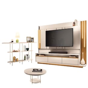 Estante Home Theater Montane Off White Cinamomo e Aparador Infinity e Mesa de Centro Sky Off White - HB Móveis