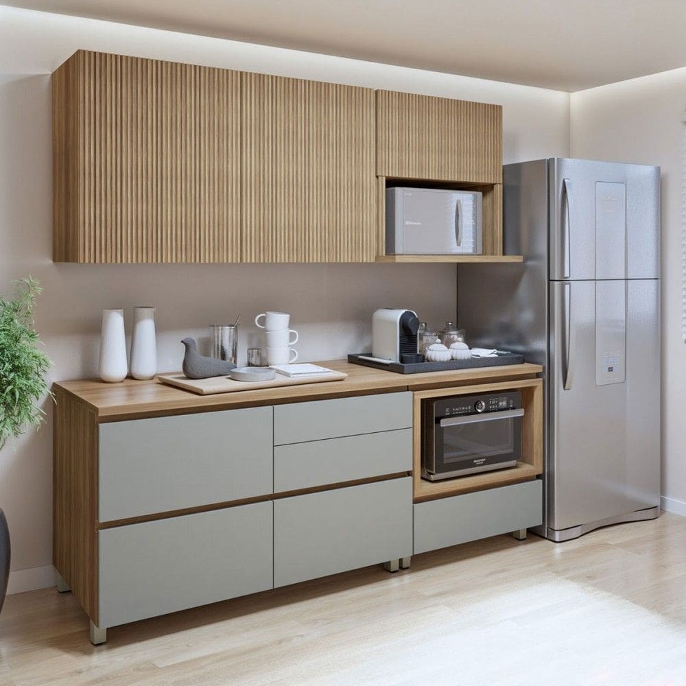 Cozinha Compacta Nuestra Cosas 4 Portas 5 Gavetas Ripado 100% Mdf Natural/Verde - Panorama Móveis