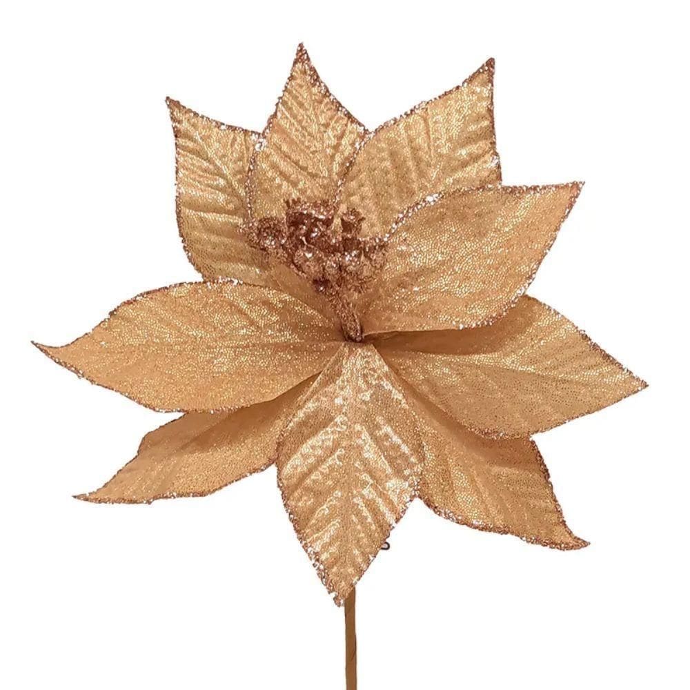 Flor Natalina Bege E Dourada Poinsetia Decorativa 28cm Tok Da Casa