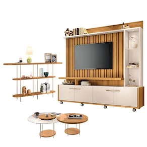 Estante Home Theater Titan Off White Cinamomo e Aparador Infinity e Kit Mesa de Centro sky Cinamomo - HB Móveis