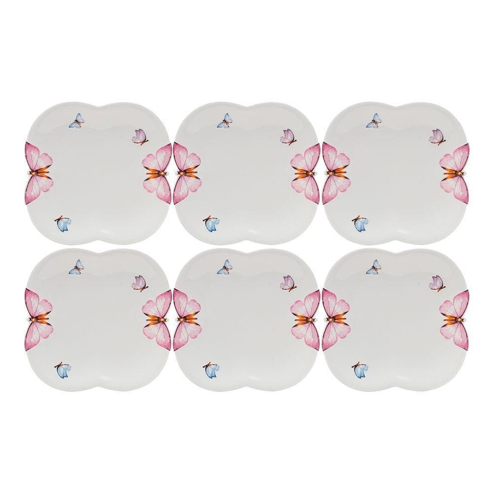 Jogo 6 Prato De Sobremesa Borboletas 19cm Porcelana Branco Wolff