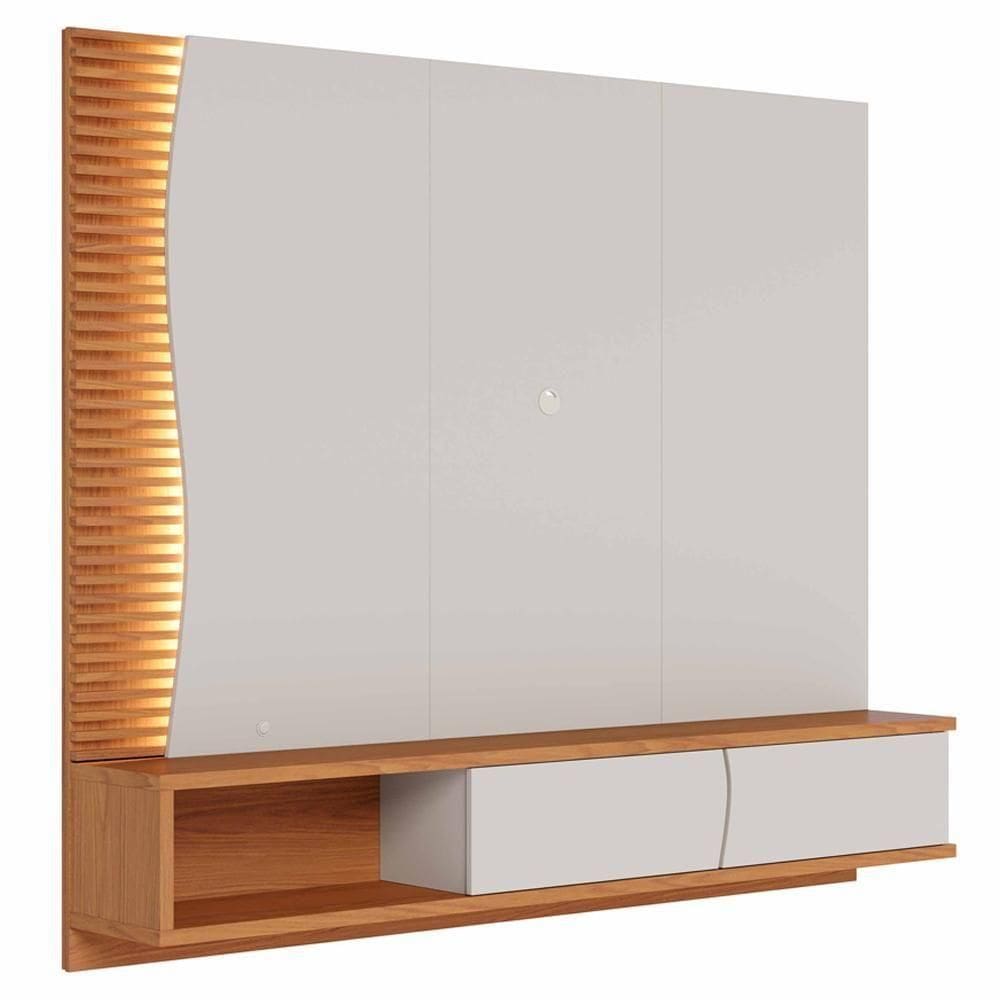 Painel Para Tv 65 Pol Bancada Suspensa Led Patmos C04 Off White Matte Freijó - Lyam Decor