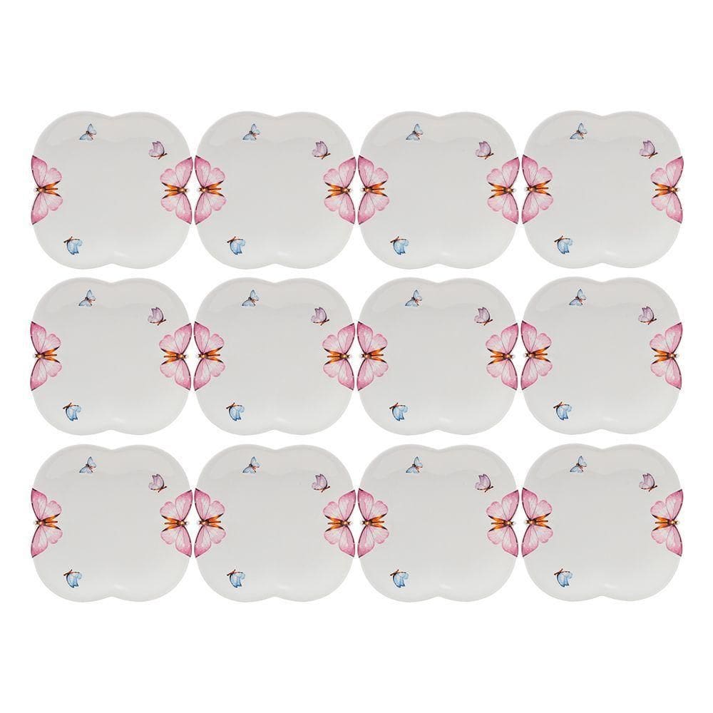 Jogo 12 Prato De Sobremesa Borboletas 19cm Porcelana Branco Wolff