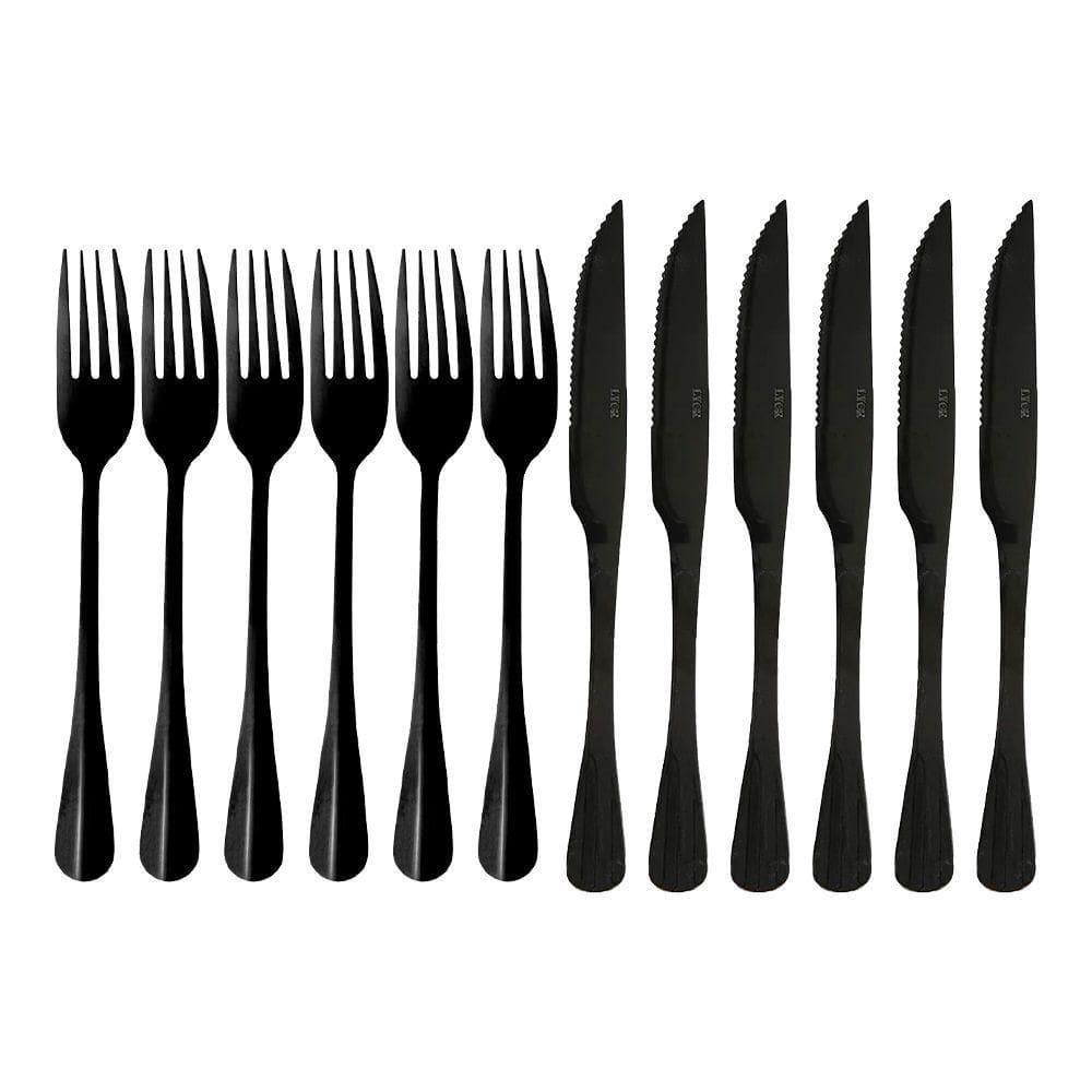Jogo 6 Garfos E 6 Facas De Mesa Jantar Aço Inox Positano Preto Lyor