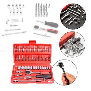 Conjunto com chave catraca e acessórios, ideal para reparos, alta resistência, peças variadas, estojo organizador e fácil manuseio.