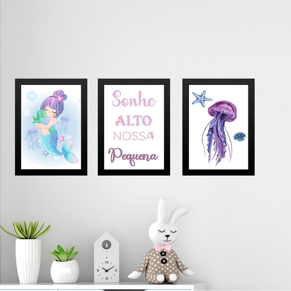 Kit 3 Quadros Infantis Sereia - Sonhe Alto 45X34Cm - Vidro