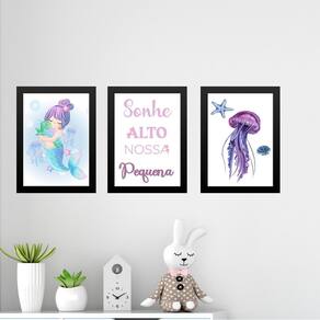 Kit 3 Quadros Infantis Sereia - Sonhe Alto 45X34Cm