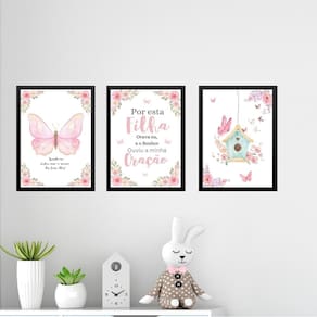 Kit 3 Quadros Infantis Cristãos Borboleta Rosa 24X18Cm Vidro