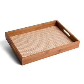 Bandeja retangular de bambu 39cm com alça palha xadrez multiuso - Oikos