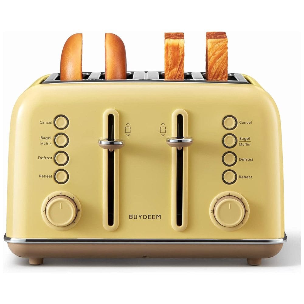 DT640 Torradeira Retro Elétrica 4 Fatias com 7 Níveis de Tostagem, 1800W, Amarela, 110v, BUYDEEM DT640E, Amarelo