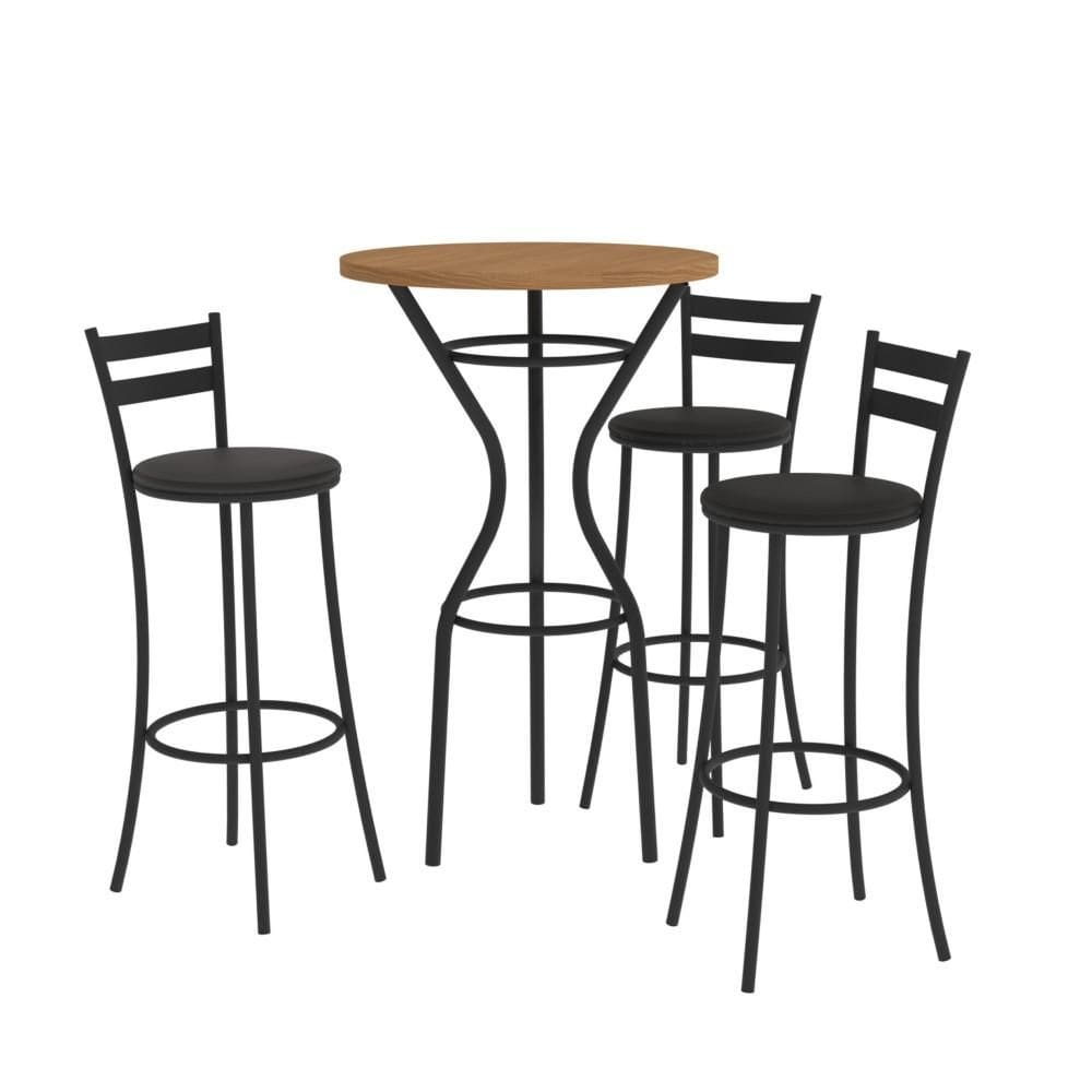 Conjunto Sala de Jantar 3 Banquetas Alta Mesa Tampo de Madeira Kappesberg Crome Preto Fosco