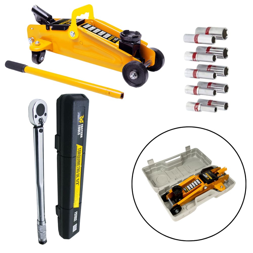 Kit Macaco Hidraulico Jacare 2 ton com Maleta Fasterr com Torquimetro de Estalo 42 A 210 nm Encaixe 1/2 crv + Jogo de Soquete Longo 1/2 10 A 22 10pcs