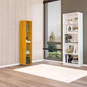 Kit com 1 Estante Multiuso 5 Nichos Montreal e 1 Estante Modular Livreiro 4 Nichos Calum Branco/Freijó