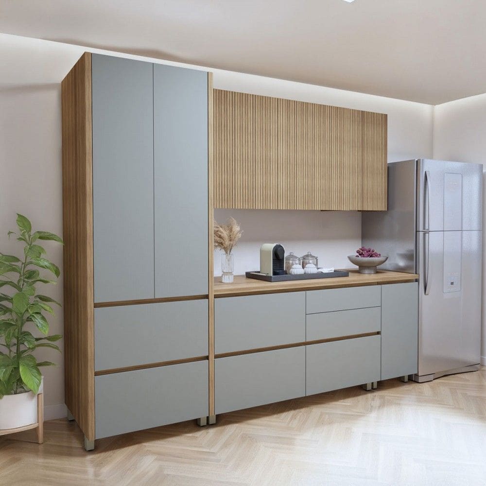 Cozinha Completa Nuestra Cosas 7 Portas 6 Gavetas Ripado 100% Mdf Natural/Verde - Panorama Móveis