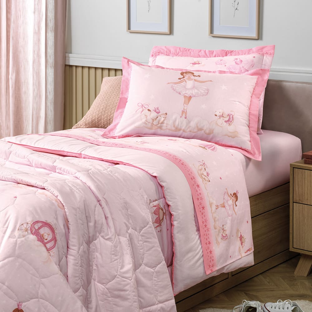 Edredom Infantil Cama Solteiro Karsten 100% Algodão 200 Fios Bailarina Rosa