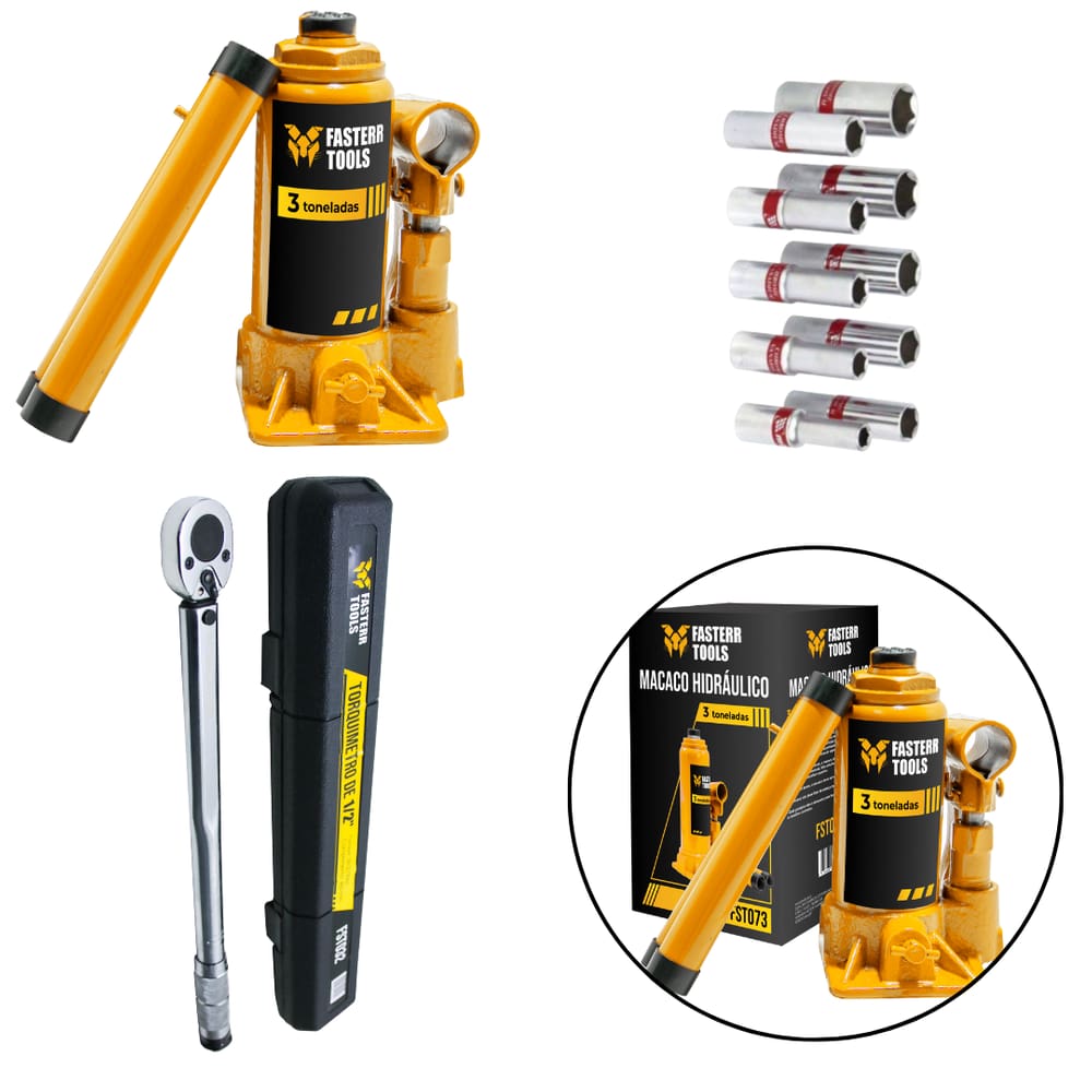 Macaco Hidraulico Garrafa 03 Ton Fasterr com Torquimetro de Estalo 42 A 210 nm Encaixe 1/2 crv + Jogo de Soquete Longo 1/2 10 A 22 10pcs