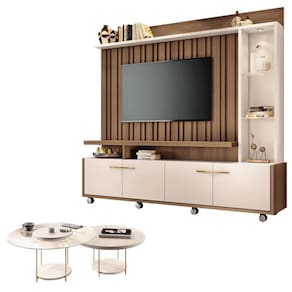 Estante Home Theater Titan Off White Castanho e Kit Mesa de Centro sky Off White - HB Móveis