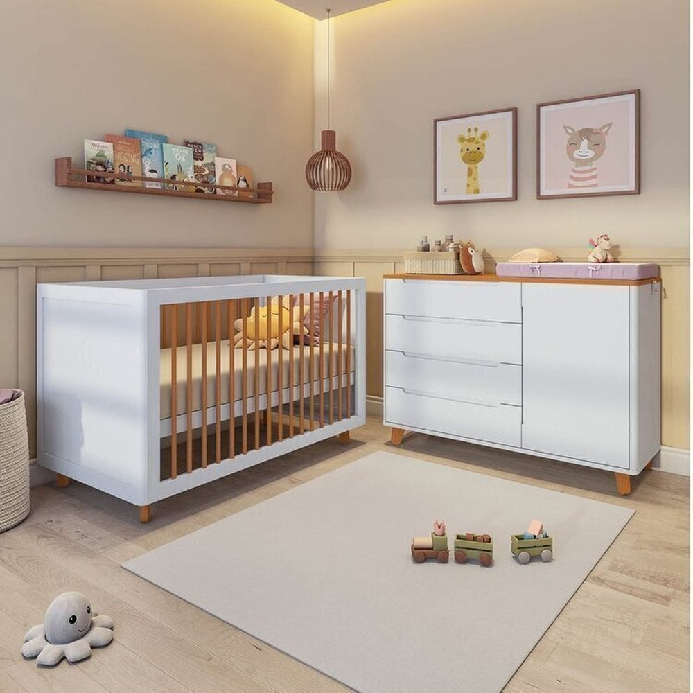 Conjunto Berço e Cômoda em Tampo Madeira Maciça Baby Tubbi Casatema Branco/Caramelo