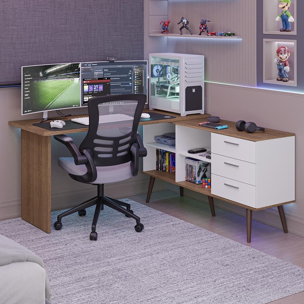 Mesa para Computador Gamer em L 3 Gavetas Branco/Rustic Lisboa Madesa
