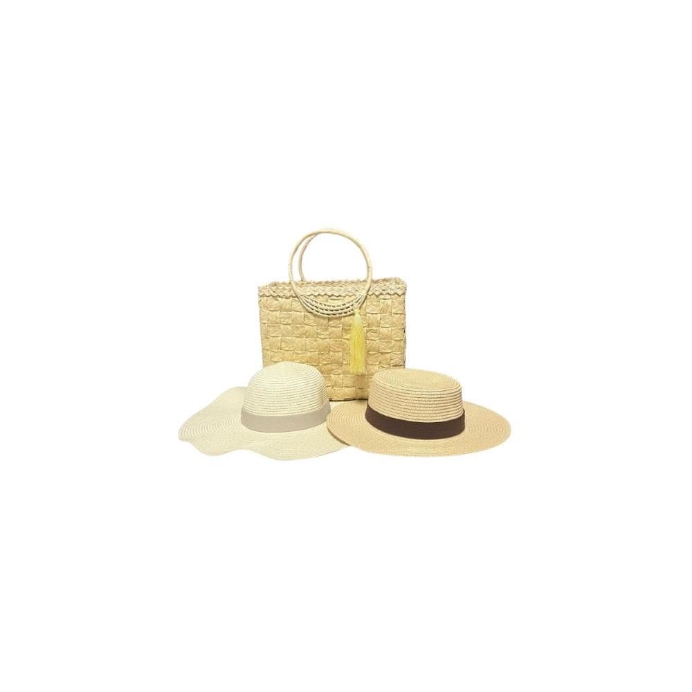 Kit Bolsa Miami Palha + 1 Chapéu Paris + 1 Chapéu Dobrável
