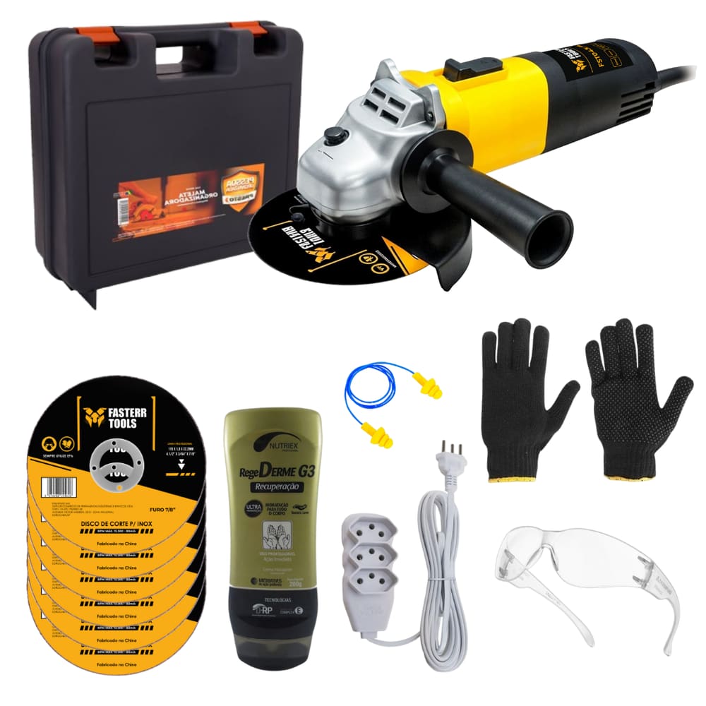 Esmerilhadeira Angular 4.1/2 820w 11000 rpm com 10 Discos de Corte Inox + Kit de Alta Performance - Fasterr