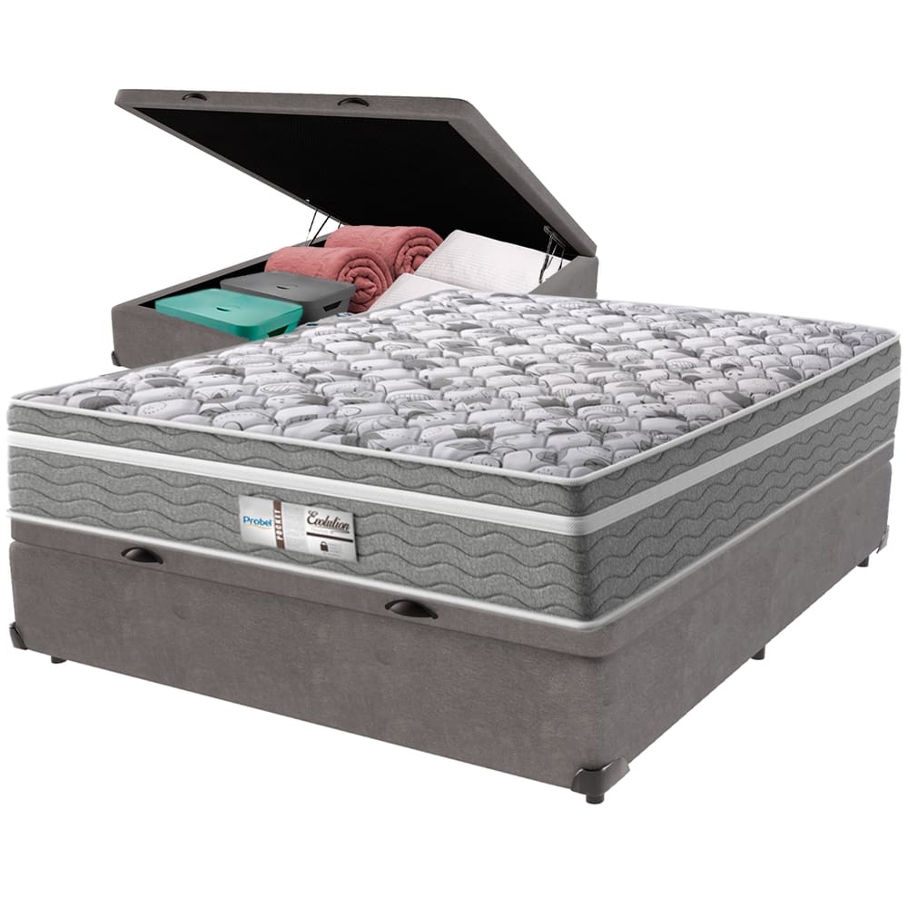 Cama Box Baú Cinza e Colchão Evolution Molas Ensacadas Casal Probel