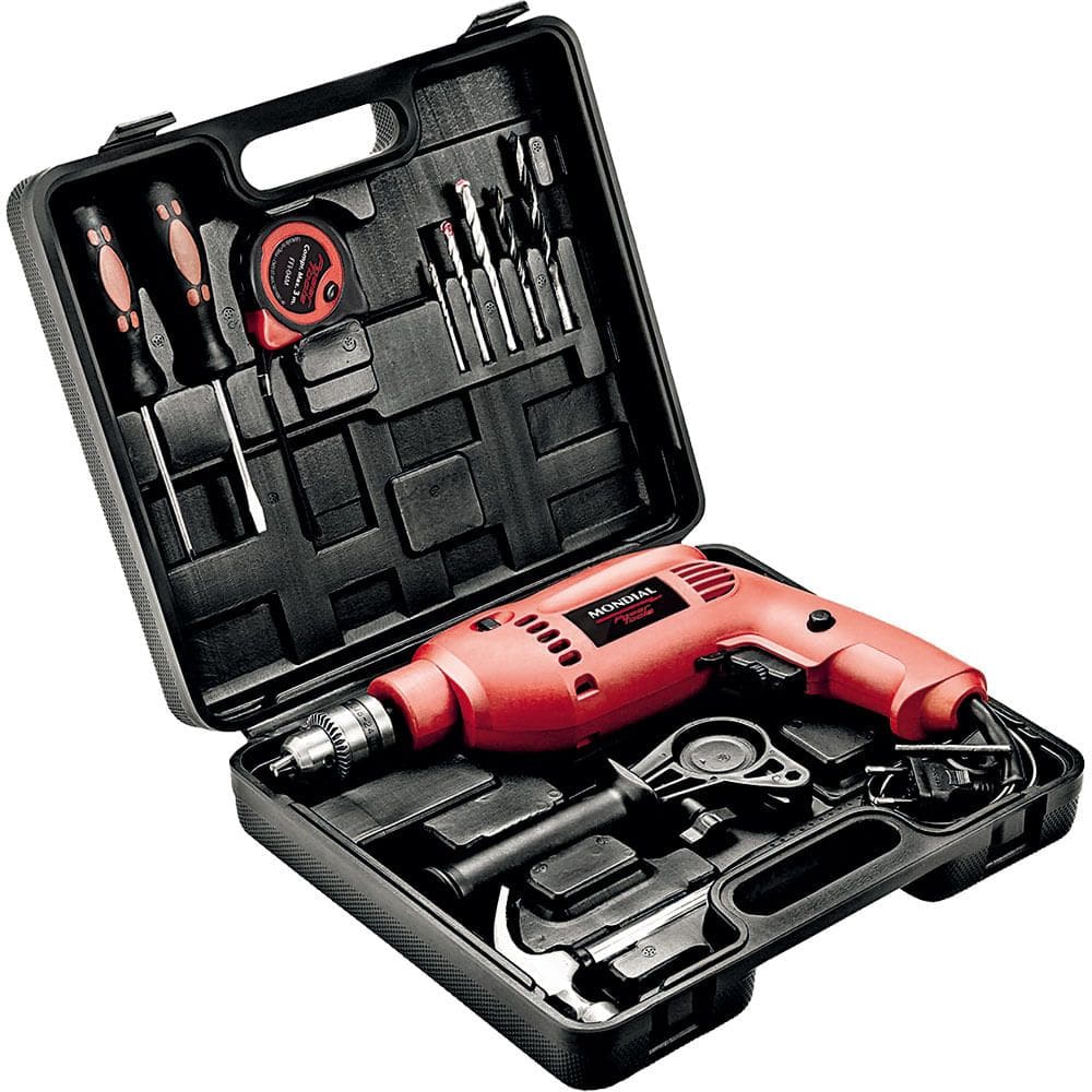 Kit Furadeira de Impacto 650W 3/8" Mondial Oficina FFI-07M com 12 Peças e Maleta 220V