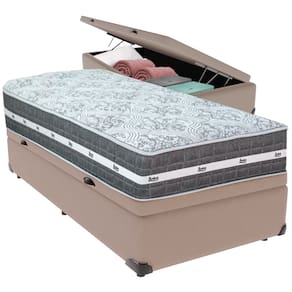 Cama Box Baú Bege e Colchão Black Graphite Molas Ensacadas Solteiro 88x188X32 Anjos