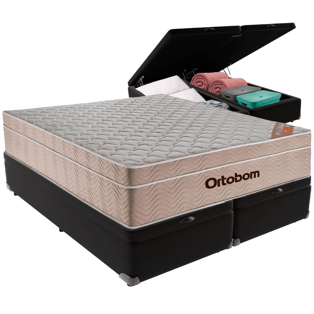 Cama Box Baú Preto e Colchão Airtech Molas Ensacadas Queen Ortobom