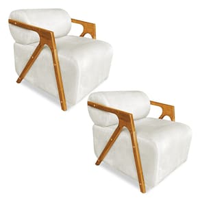 Kit 02 Poltronas Decorativa Marselha Veludo Bege Base de Madeira - Pallazio