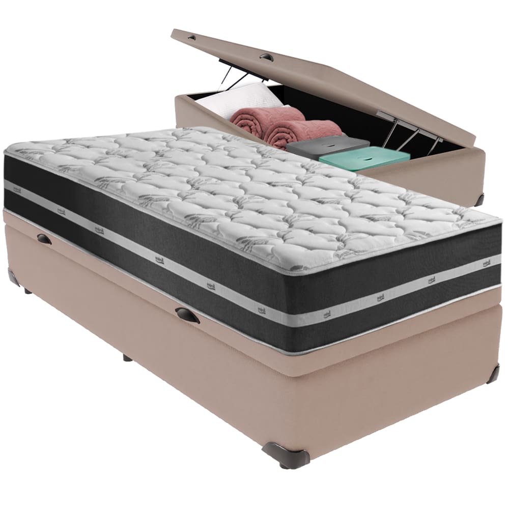 Cama Box Baú Bege e Colchão Classic Preto Molas ensacadas Solteiro Anjos
