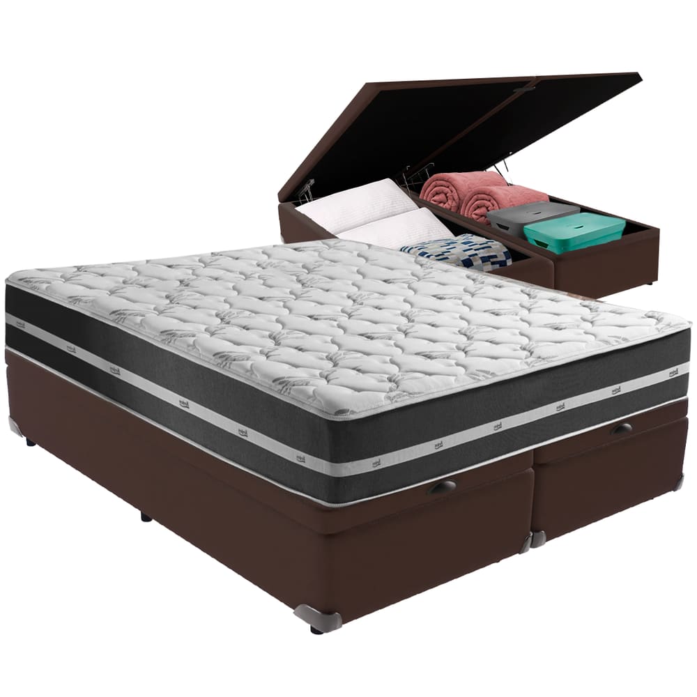 Cama Box Baú Marrom e Colchão Classic Preto Molas ensacadas Queen Anjos
