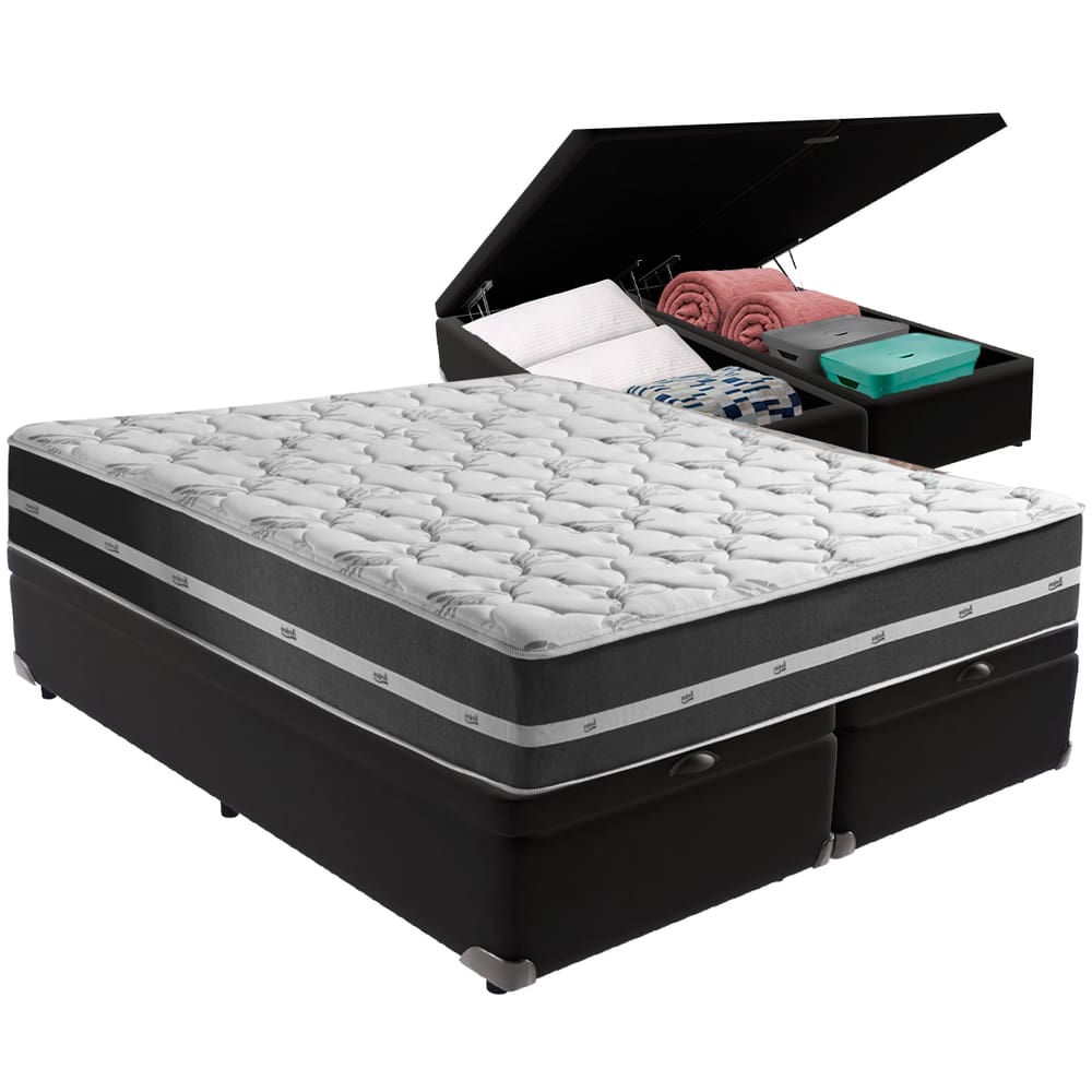 Cama Box Baú Preto e Colchão Classic Preto Molas ensacadas Queen Anjos