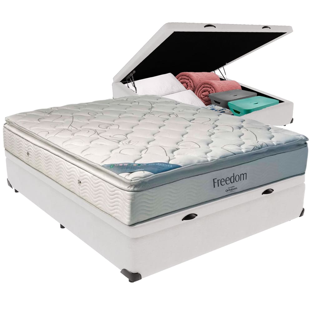 Cama Box Baú Branco e Colchão Freedom Molas Ensacadas Casal Ortobom