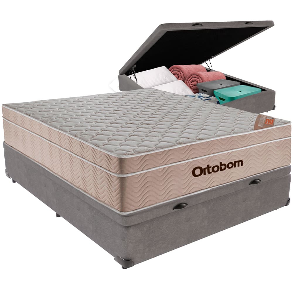 Cama Box Baú Cinza e Colchão Airtech Molas Ensacadas Viúvo Ortobom