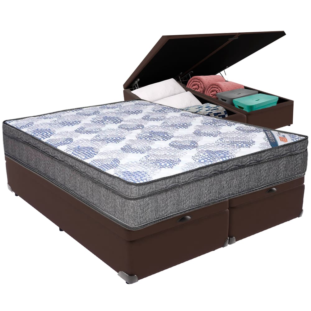 Cama Box Baú Marrom e Colchão ISO  Molas Ensacadas Queen Ortobom