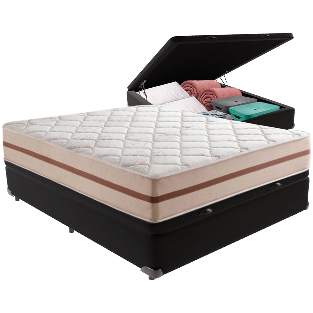Cama Box Baú Preto e Colchão Classic 26 cm Molas ensacadas Casal Anjos