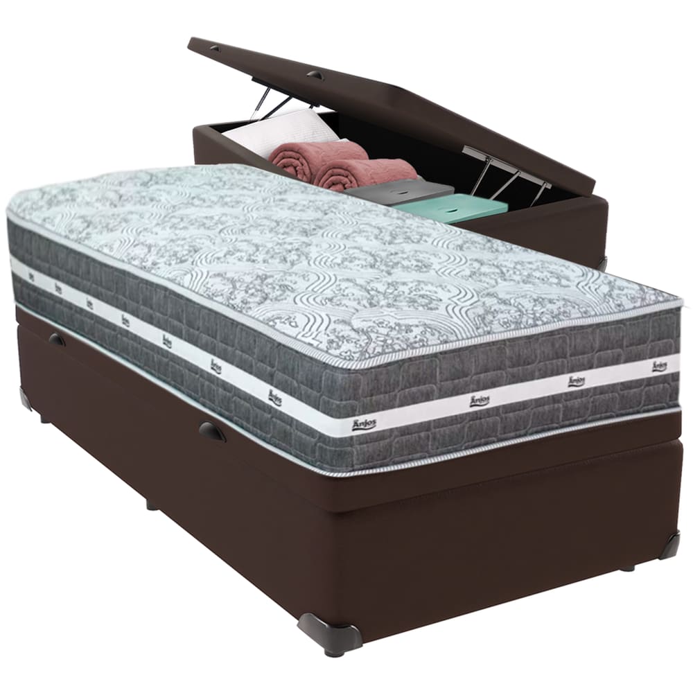 Cama Box Baú Marrom e Colchão Black Graphite Molas Ensacadas Solteiro 88x188X32 Anjos