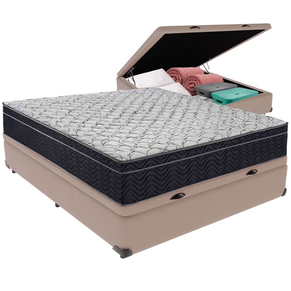 Kit Casal Cama Bege Box Baú Colchão Extra Firme Ortobom D45