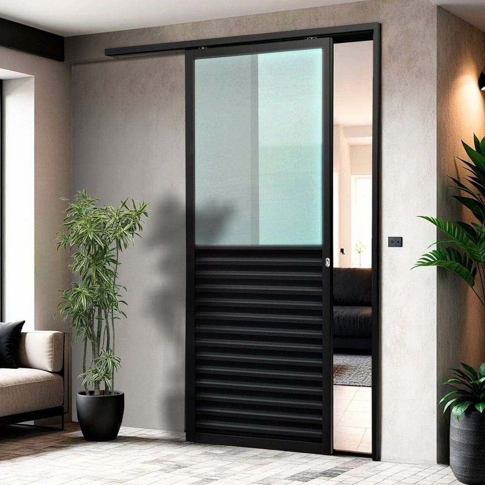 Porta de Correr Suspensa 210cm X 70cm Meia Veneziana Meia Vidro Esq L.25 Brimak Preto