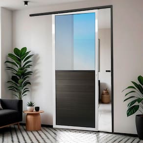 Porta de Correr Suspensa 210cm X 70cm Meia Lambril Meia Vidro Dir L.25 Brimak Mix Preto