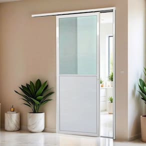 Porta de Correr Suspensa 210cm X 80cm Meia Lambril Meia Vidro Esq L.25 Brimak Branco